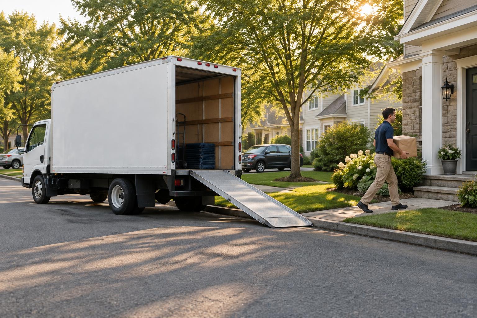 A box truck with its ramp down on a residential street while a worker carries a wrapped box to the door