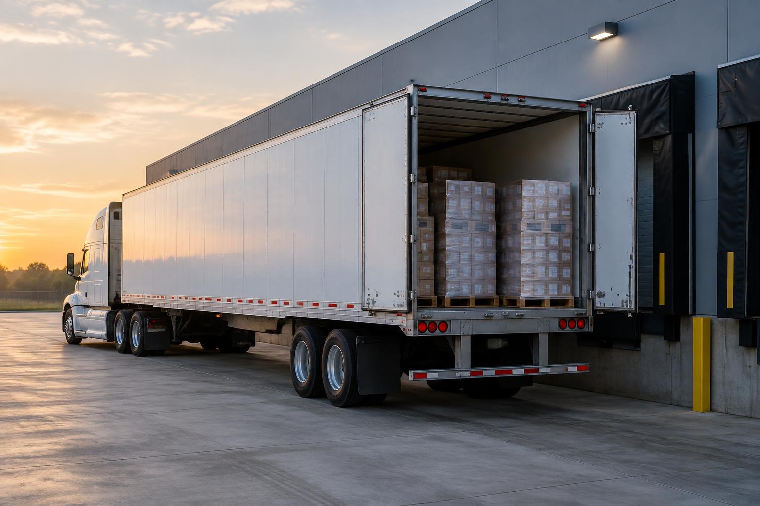 An unmarked dry van backed into a freight dock with palletized freight inside