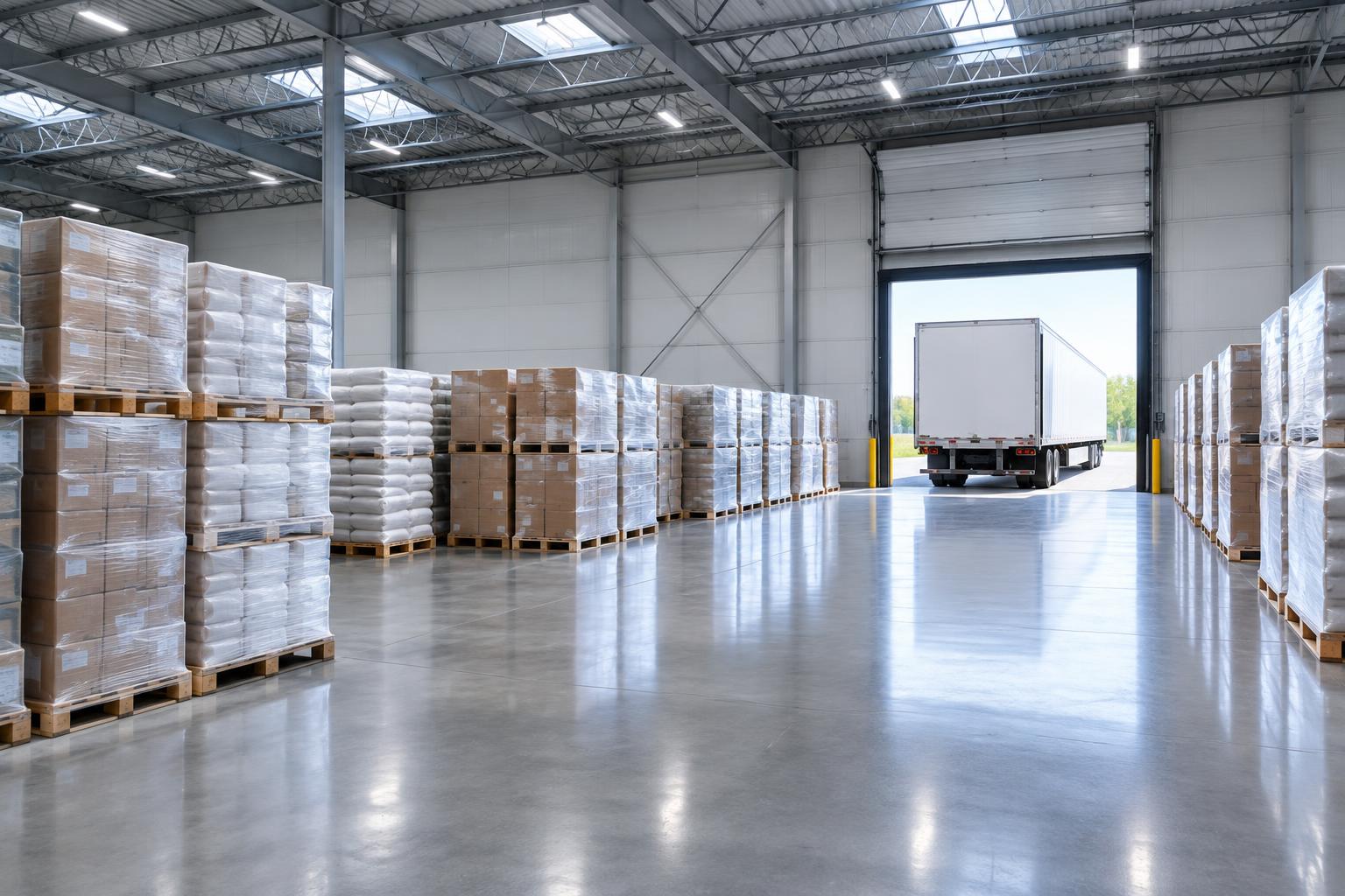A clean freight warehouse with organized pallets and an open dock door to daylight